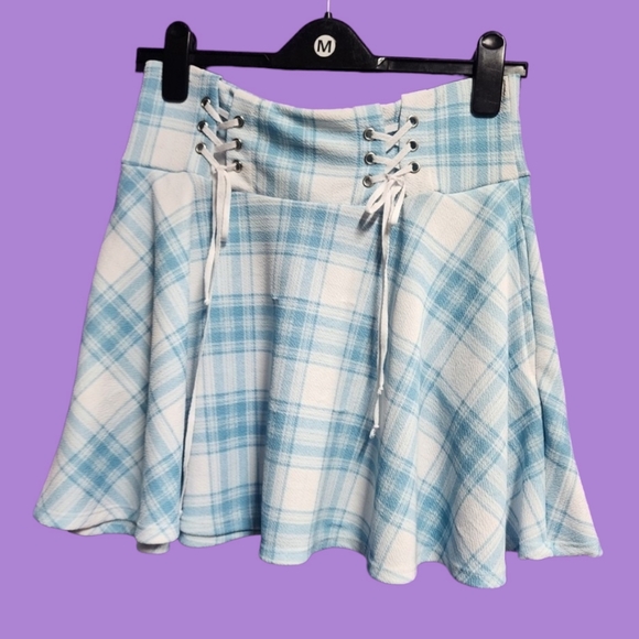 Midnight Hour: Blue & White Plaid Double Lace-Up Skirt - Picture 4 of 14